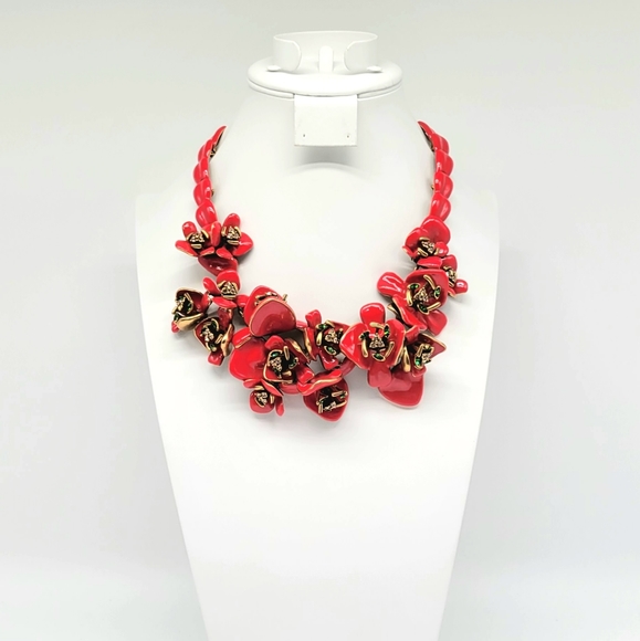 Oscar de la Renta COUTURE red enamel + Swarovski Crystal flower statement piece - Picture 8 of 14
